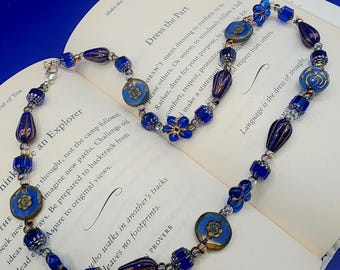 Cobalt Blue Crystal Necklace: Sterling Silver Artisan Bohemian Beaded Necklace