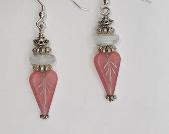 Czech Crystal Drop Earrings: Sterling Silver Pink Heart Leaf