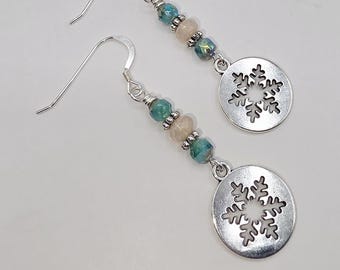 Sterling Silver Earwires Czech Fire Polished Beaded Christmas Charm Earrings Snowflakes