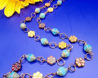 CN06 25-inch Czech Glass/Copper Linked Handcrafted Artisan Beaded Necklace Copper Washed Flowers and Turquoise Saturn Beads