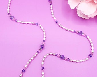 0124 23-in Swarovski Crystal/Sterling Silver Beaded Artisan necklace 4mm Rice Fresh Water Pearls, 6 and 3 mm Tanzanite AB, 4mm Light Rose