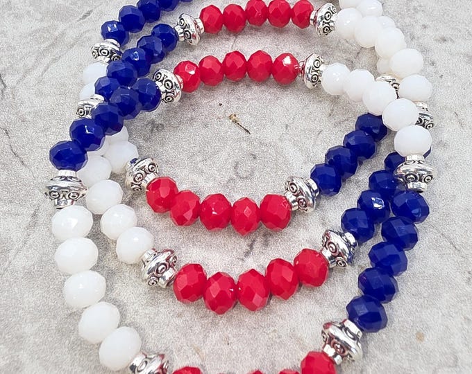 Featured listing image: LABOR DAY 6mm Crystal Rondelles Silver Metal Spacers  Elastic Stretchy Handcrafted Artisan Bracelet Latex Free - 1 piece