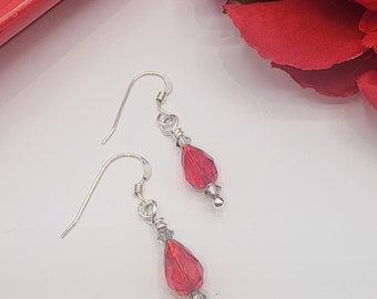 Handcrafted Sterling Silver Light Siam Swarovski Crystal Teardrop Earrings