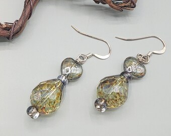 CE25 Handcrafted Artisan Drop/Dangle Earrings Czech Crystal Heart Atop Pear Drop Sterling Silver Ear Wires and Headpin