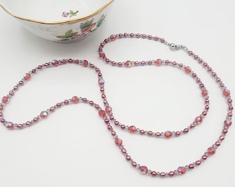 0107 32-in Swarovski Crystal/Sterling Handcrafted Beaded Artisan necklace 6mm Indian Red AB2X, Antique Pink, Fresh Water Pearls