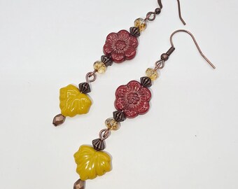 Czech Crystal Drop Earrings: Antiqued Copper Floral Leaves Fall
