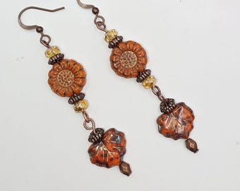 Czech Crystal Drop Earrings: Antiqued Copper Floral Leaves Fall