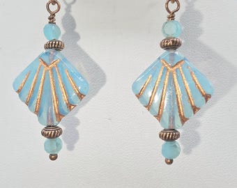 Handcrafted Czech Crystal Dangle Earrings: Aqua Fan, Copper
