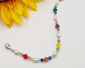 0062 7-in Swarovski Crystal/Sterling Silver Artisan Bracelet 6mm Light Rose AB Emerald Amethyst Citrine Light Siam AB2X Fresh Water Pearls