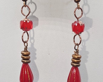 Czech Crystal Drop Earrings: Antiqued Copper Red Melon 4mm Cathedral