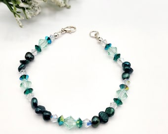 0069 7-in Swarovski Crystal/Sterling Silver Artisan Bracelet 6mm Chrysolite Bicones 5mm Emerald Spacers 4mm Clear AB Fresh Water Pearls