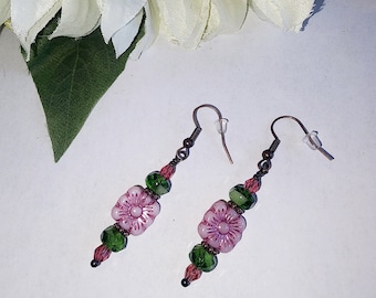Handcrafted Czech Glass Drop Earrings: Pink Flower, Green Accent, Boho Copper