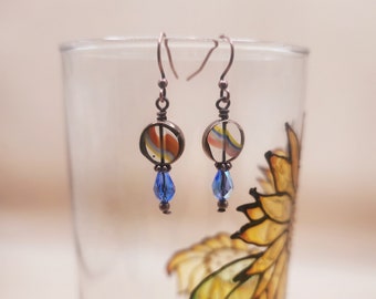 Sapphire AB Crystal Dangle Earrings: Marbled Glass, Copper Earwires