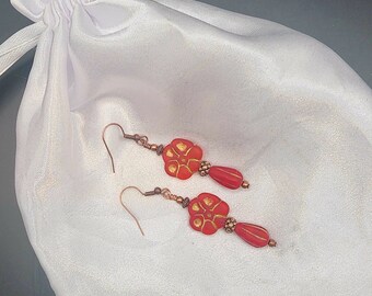CE06 Red Flowers Copper Washed Handcrafted Artisan Drop/Dangle Czech Earrings on Red Teardrops  Copper Earwires Antiqued Findings