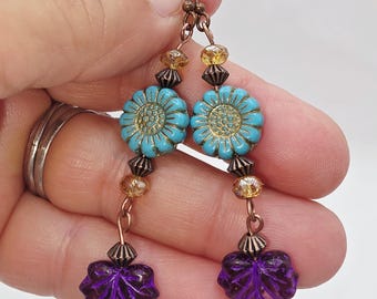 Czech Crystal Drop Earrings: Antiqued Copper Floral Leaves Fall
