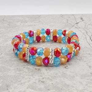 Crystal Rondelle Beaded Bracelet: Aqua, Yellow, Red-Orange Rhinestone