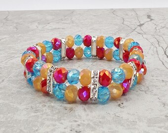 Crystal Rondelle Beaded Bracelet: Aqua, Yellow, Red-Orange Rhinestone