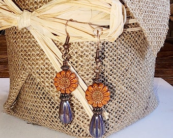 CE37 Handcrafted Drop/Dangle Earrings Orange Czech Flowers Purple Melon Drops Copper Ear Wires and Headpins Boho Bohemian
