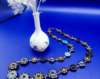 0130 24-in Czech Crystal/Gun Metal Handcrafted Artisan Beaded Necklace Black Table Cut Bohemian Style Picasso Finish Copper Wash Gun Metal