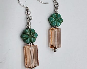 Czech Crystal Drop Earrings: Sterling Silver Floral Rectangle