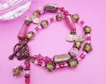 CB17 7.25-in Czech Glass Handcrafted Artisan Copper Linked Bracelet Copper Washed Red Flower Two/Double Strand Copper Toggle Clasp