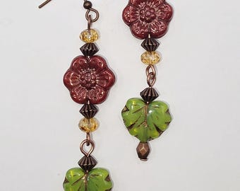 Czech Crystal Drop Earrings: Antiqued Copper Floral Leaves Fall