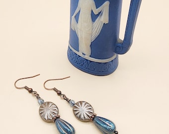 CE39 Handcrafted Drop/Dangle Earrings Metallic Czech Coin Blue Melon Drops Copper Ear Wires and Headpins Boho Bohemian