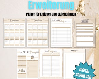 May include: A printable planner for educators, featuring a beige and brown color scheme with a digital download label. The planner includes sections for daily schedules, meeting reminders, and trip planning.