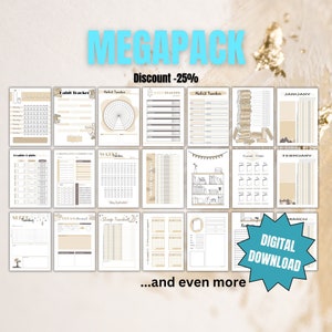 Peut inclure: Un méga pack de pages de planificateur imprimables téléchargeables numériquement avec une réduction de 25%. Les pages présentent une variété de designs, notamment des suivis d'habitudes, des suivis de sommeil et des calendriers mensuels. Les pages sont dans un schéma de couleurs beige et marron avec des illustrations de livres, d'étoiles et de nuages.