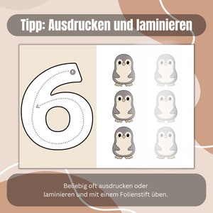 May include: A printable worksheet featuring the number 6 with dotted lines for tracing. The worksheet also includes six images of penguins, some with a gray color and some with a white color.
