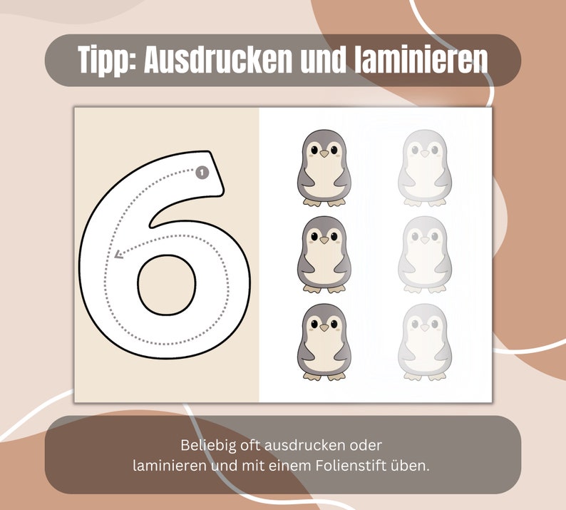 May include: A printable worksheet featuring the number 6 with dotted lines for tracing. The worksheet also includes six images of penguins, some with a gray color and some with a white color.