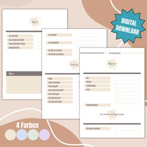 Puede incluir: Descarga digital imprimible de un planificador con secciones para "Higiene", "Tareas" y "Conversación". El planificador tiene un fondo marrón claro con un borde gris e incluye una sección para "4 Colores" con cuatro muestras de colores.