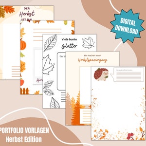 May include: Four printable autumn-themed portfolio templates with fall leaves, pumpkins, and a hedgehog. The text on the templates reads "Der Herbst ist da!" (German for "Autumn is here!"), "Viele bunte Blatter" (German for "Many colorful leaves"), "Das bin ich" (German for "This is me"), and "Wir machen einen Herbstspaziergang" (German for "We are going for an autumn walk").