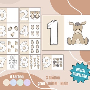 May include: A set of printable number tracing worksheets featuring cute animal illustrations. The numbers 0 through 9 are shown with dotted lines for tracing, and each number is paired with a corresponding number of animals. The worksheet includes the text "4 Farben" and "3 Gr&ouml;&szlig;en" with color swatches and size options.