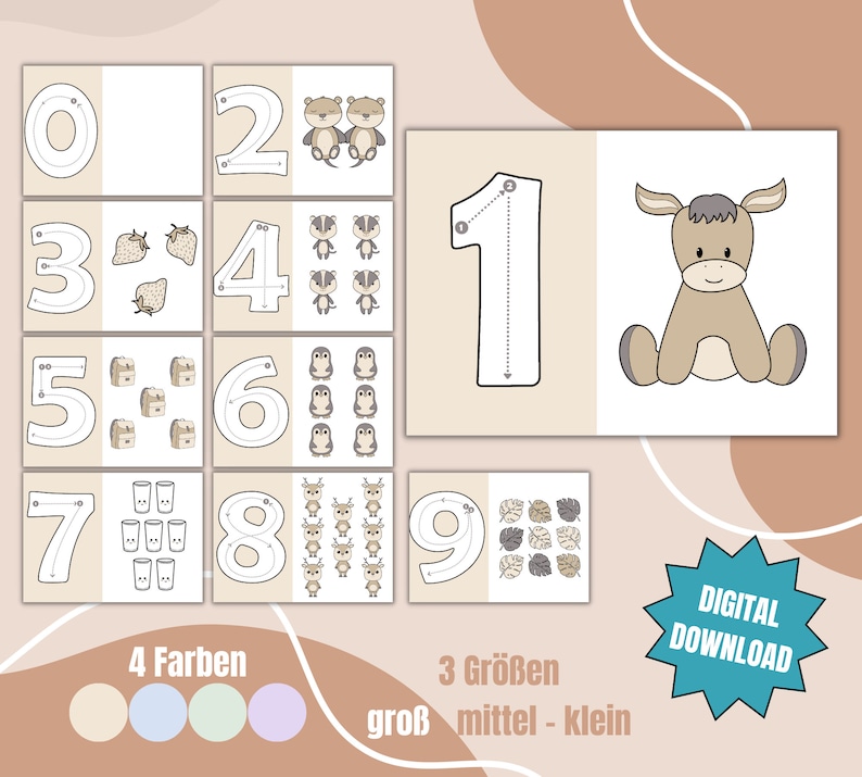 May include: A set of printable number tracing worksheets featuring cute animal illustrations. The numbers 0 through 9 are shown with dotted lines for tracing, and each number is paired with a corresponding number of animals. The worksheet includes the text "4 Farben" and "3 Gr&ouml;&szlig;en" with color swatches and size options.