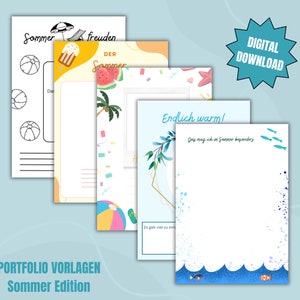 May include: Five printable summer-themed portfolio templates. The templates feature illustrations of beach balls, ice cream cones, watermelon, palm trees, and ocean waves. The text on the templates reads "Sommer" and "Endlich warm!"