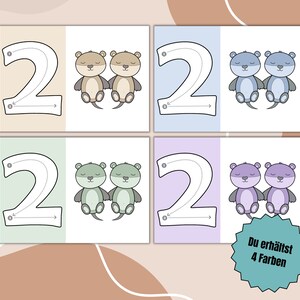 May include: Four printable tracing cards featuring the number 2 with a pair of cute otters in different colors. The otters are brown, blue, green, and purple.