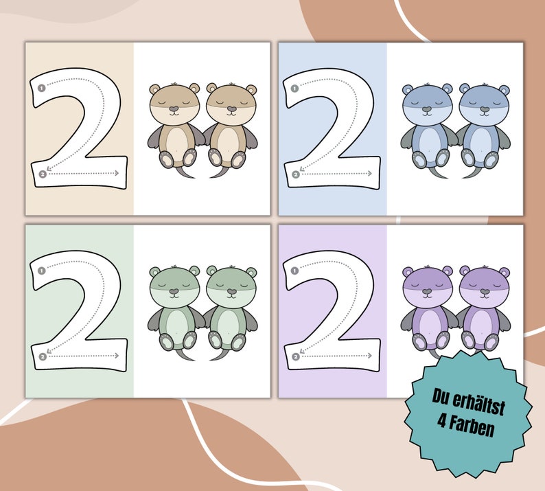 May include: Four printable tracing cards featuring the number 2 with a pair of cute otters in different colors. The otters are brown, blue, green, and purple.