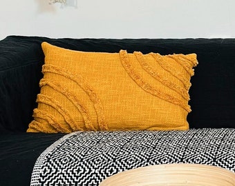 Tufted Yellow Lumbar Pillow Cover Shaggy Style with Funky Curvy Shapes made of Recycled Cotton - Fun home decor for Summer