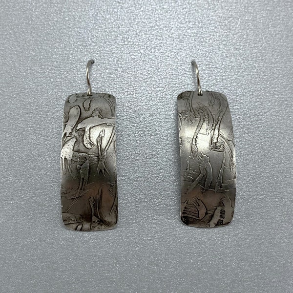 Aluminum, hand-made, abstract, etched and domed dangle earrings, feather light, 0.5"x1.5", stainless steel earwires, EA1005, Diana Hart