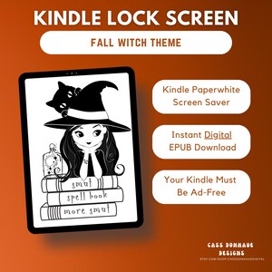 May include: Black and white illustration of a witch with a cat on her hat, holding a book. The text "smut spell book more smut" is on the books. The image is for a Kindle Paperwhite screen saver.