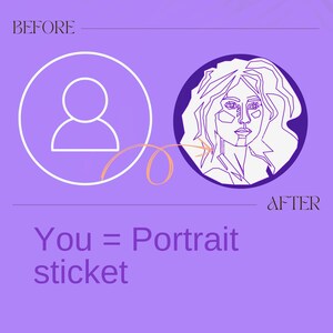 May include: A purple background with the words "BEFORE" and "AFTER" at the top and bottom of the image. A white outline of a person is on the left side of the image and a line drawing of a person's face is on the right side of the image. The text "You = Portrait Stick" is in the middle of the image.
