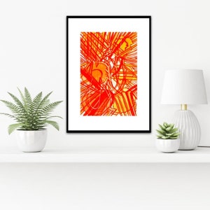 Puede incluir: Impresión de arte abstracto con un esquema de color naranja y amarillo brillante. La impresión presenta una serie de líneas y formas superpuestas, creando una composición dinámica y enérgica.