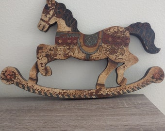 Wooden rocking horse distressed painted wall hanging