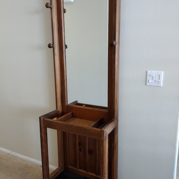 Hall tree, solid wood stand with mirror circa 1960