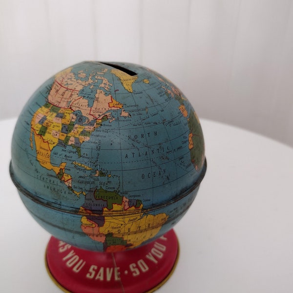 Globe coin bank, Ohio Art tin litho circa 1960