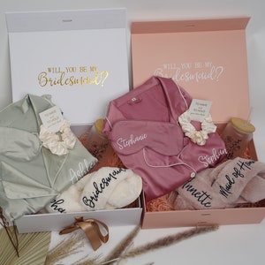 Personalized Bridesmaid Proposal Gift Box with Satin Pajamas, Sleep Mask, Slippers & Glass Tumbler; Will You Be My Bridesmaid/Maid of Honor