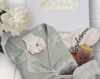 Sage Bridesmaid Proposal Gift Box with Satin PJs, Sleep Mask, Scrunchies, Slippers & Glass Tumbler; Will You Be My Bridesmaid/Maid of Honor