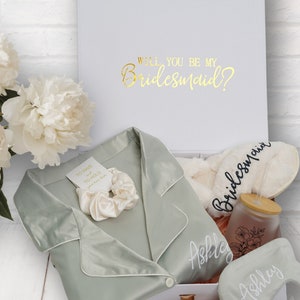 Sage Bridesmaid Proposal Gift Box with Satin PJs, Sleep Mask, Scrunchies, Slippers & Glass Tumbler; Will You Be My Bridesmaid/Maid of Honor