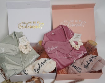 Personalized Bridesmaid Proposal Gift Box with Satin Pajamas, Sleep Mask, Slippers & Glass Tumbler; Will You Be My Bridesmaid/Maid of Honor